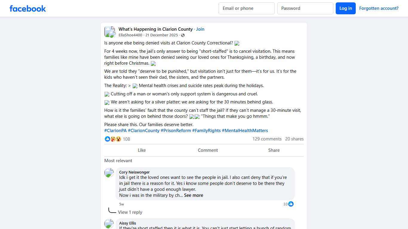 What's Happening in Clarion County Is anyone else being denied visits at Clarion County Correctional Facebook